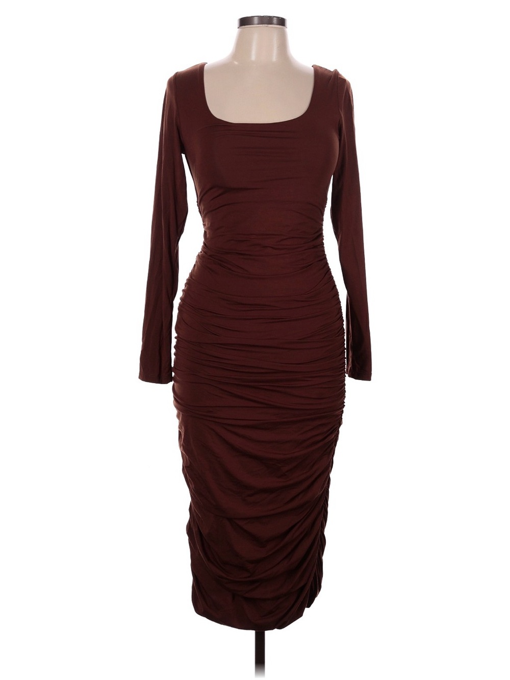 Shapellx Shapewear Dress Brown Long Sleeve Ruched Midi Dress - Square Neck - Picture 3 of 5